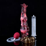 Horse-shaped squirting dildo with large knot, marbled pink/dark, red bulb and tube