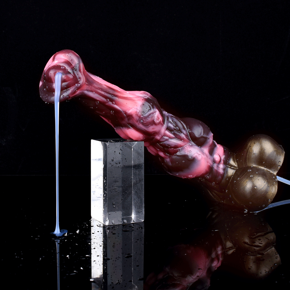 Squirting horse-shaped dildo with large knot, marbled pink/dark, water stream from tip