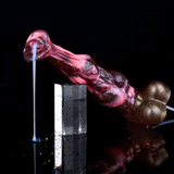 Squirting horse-shaped dildo with large knot, marbled pink/dark, water stream from tip