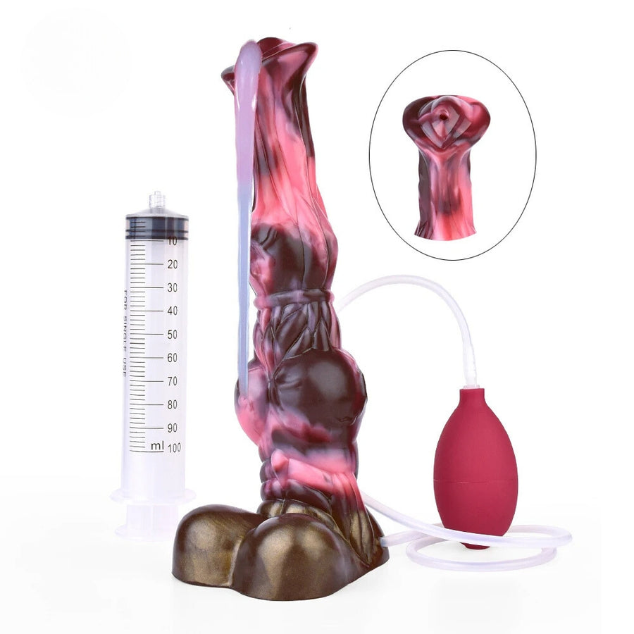 Horse-themed squirting sex toy with large knot, syringe, pump bulb, and tube