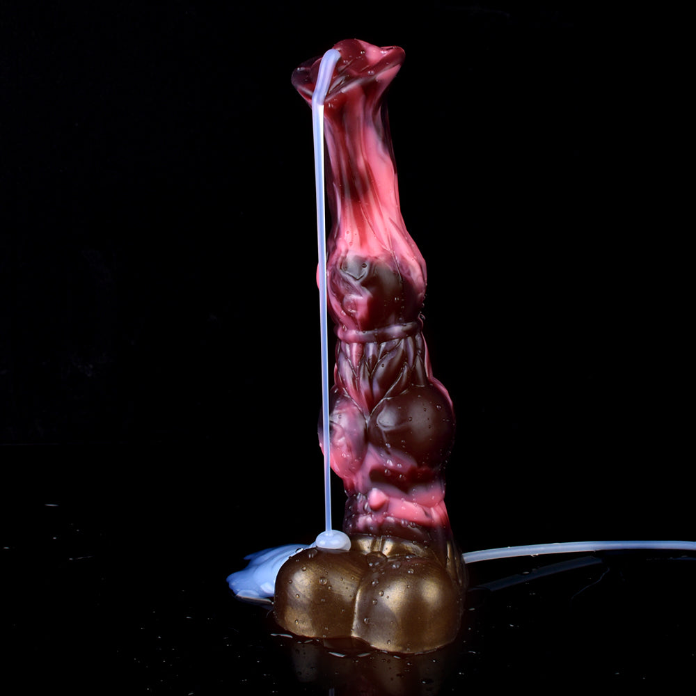Glossy red squirting horse dildo with large knot, spurting stream