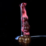 Glossy red squirting horse dildo with large knot, spurting stream