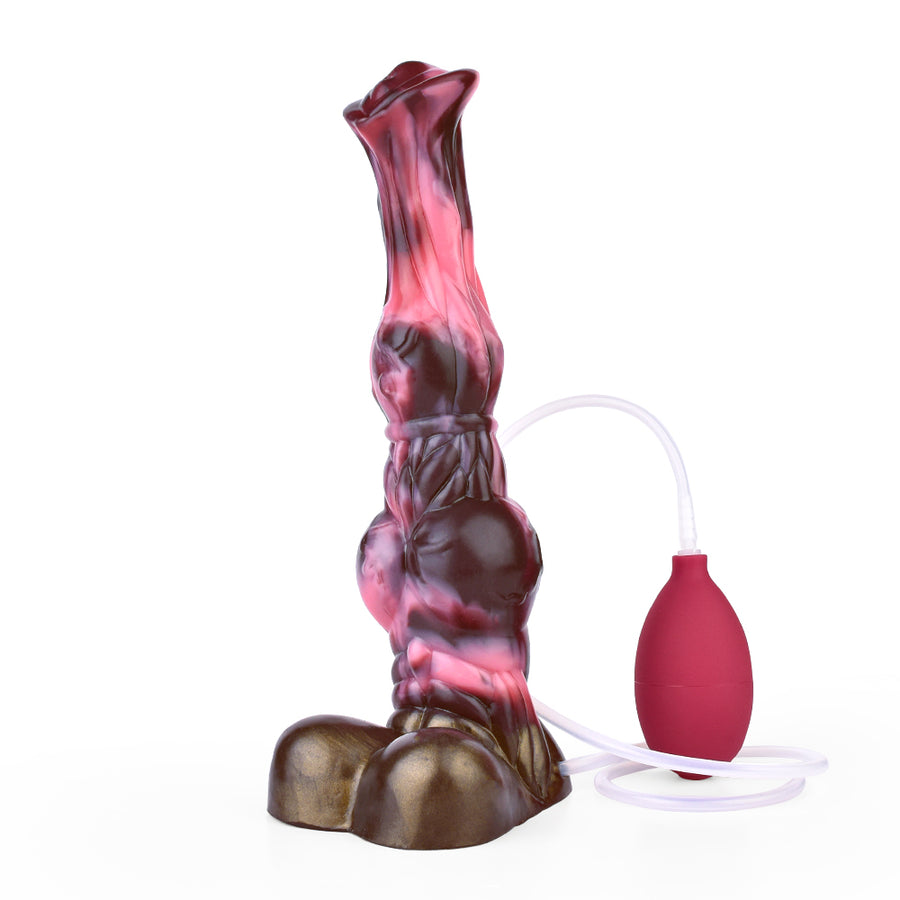 Horse-themed squirting sex toy with tube and pump bulb near marbled pink base