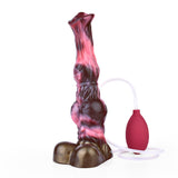Horse-shaped dildo with large knot, marbled pink/dark, red control bulb and white tube
