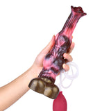 Hand-held horse-shaped squirting dildo with large knot, marbled pink and dark body