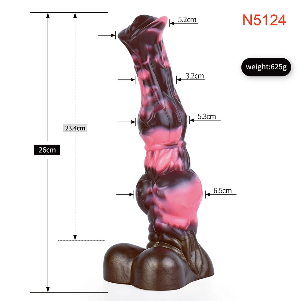 Size diagram of horse-shaped dildo with large knot; marbled pink/dark dimensions shown