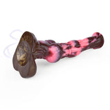 Horse-shaped dildo side view, marbled pink/dark, large knot and flared base