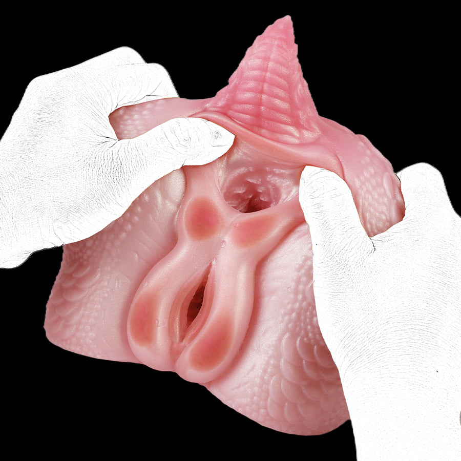 Pink dragon fleshlight with curved opening, grasped by white-gloved hands