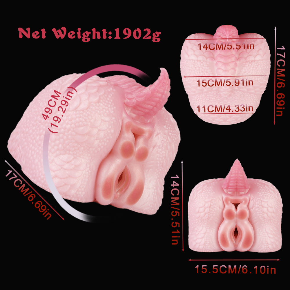Pink dragon-shaped dual-ended toy with size measurements shown on image