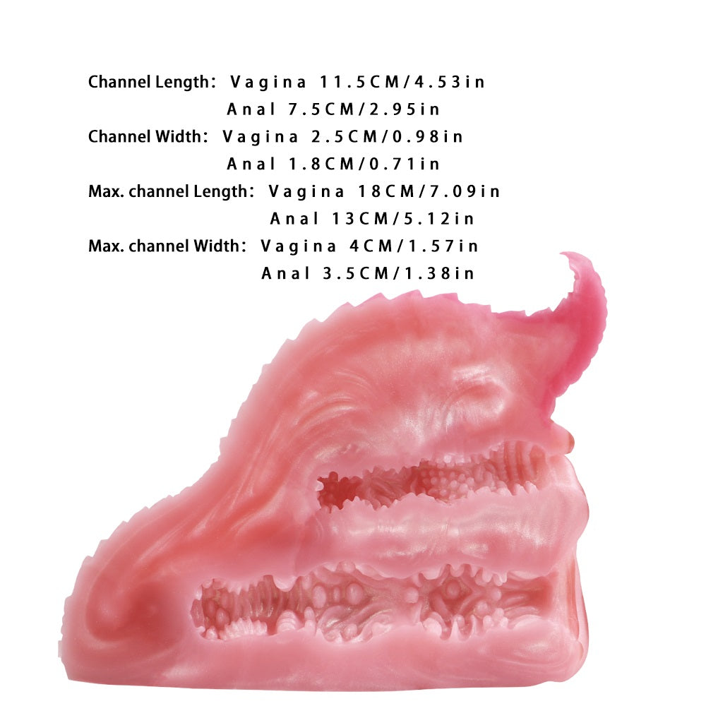 Pink dragon-shaped toy side view with molded ridges and channel openings