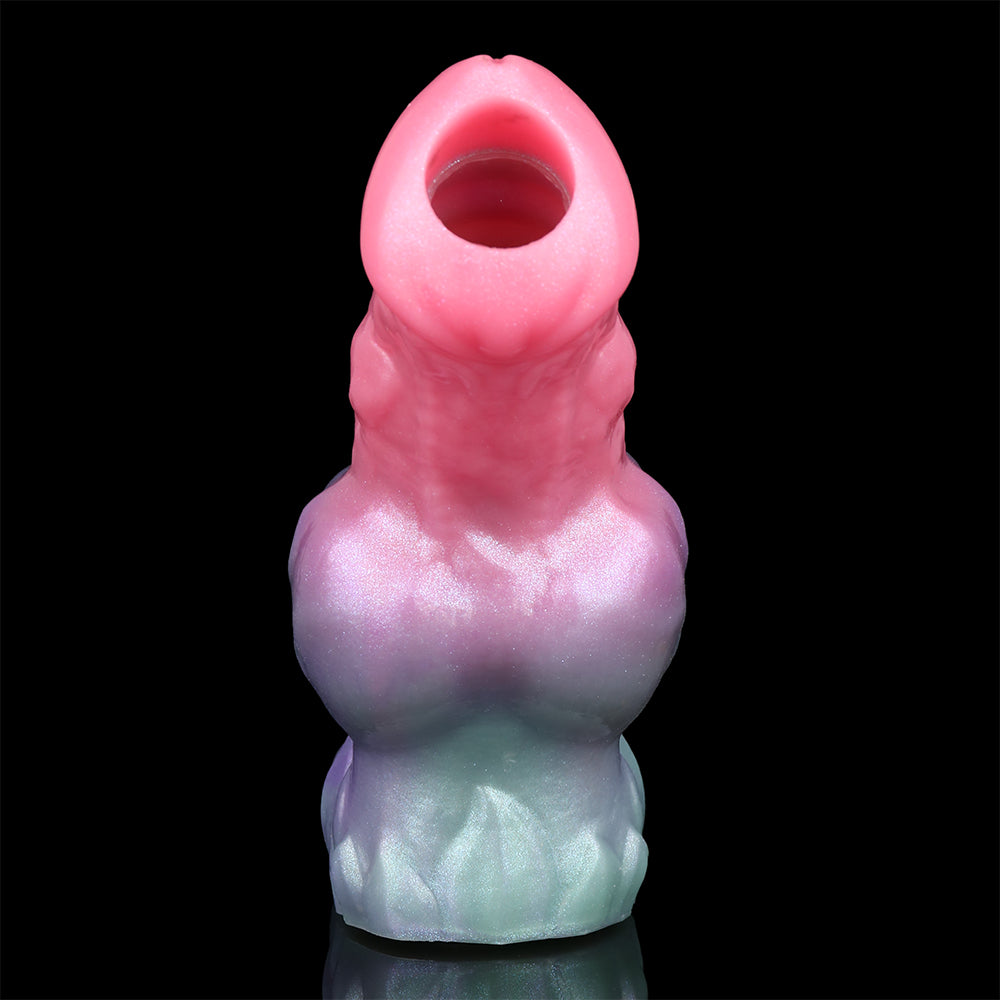 Flesh Shell knotted sleeve extender, top view; pink opening with lavender and teal gradient body