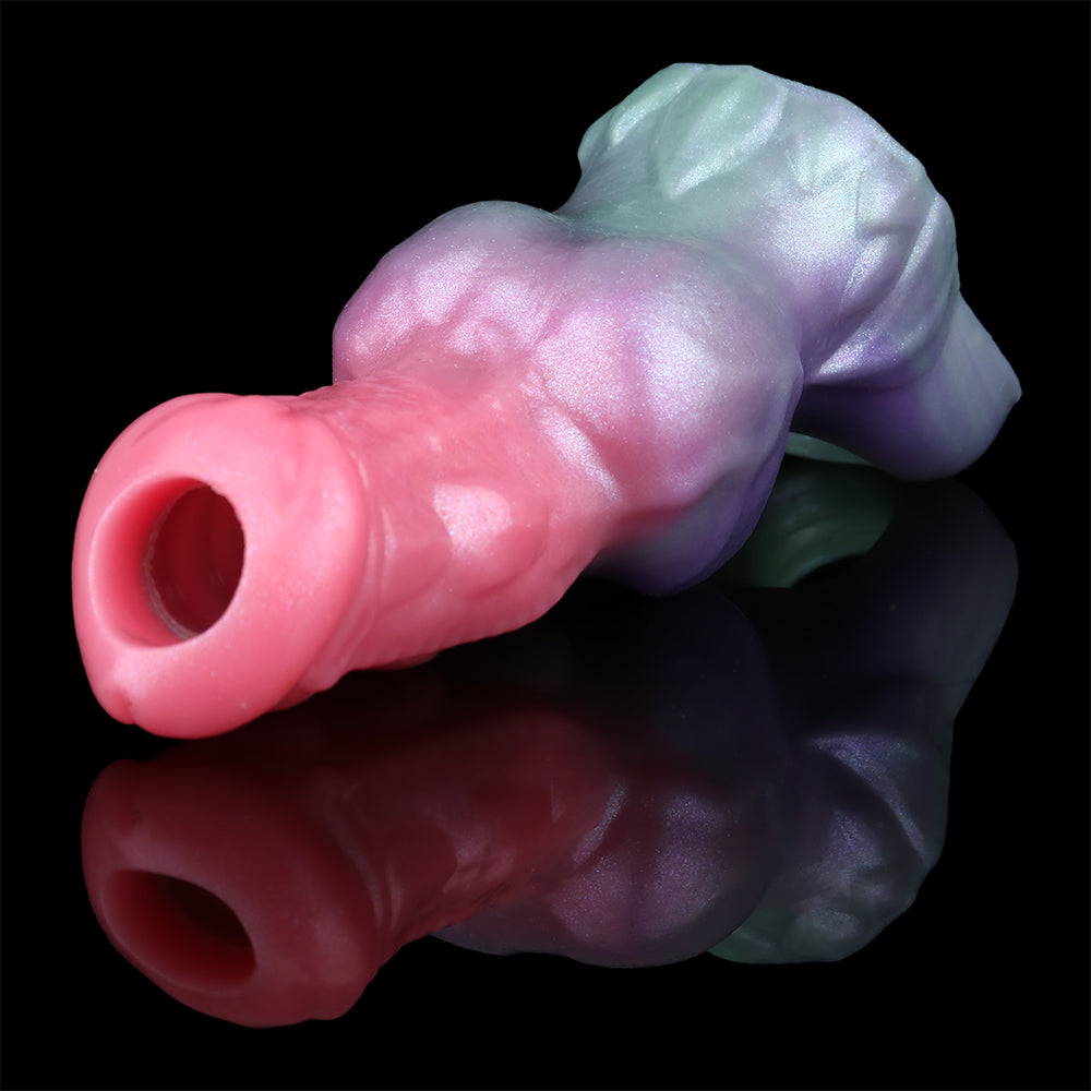 Flesh Shell knotted horse cock sleeve extender in pink/purple/teal gradient, open ring end