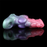 Flesh Shell knotted horse cock sleeve extender, side view; pastel pink, lavender, teal gradient