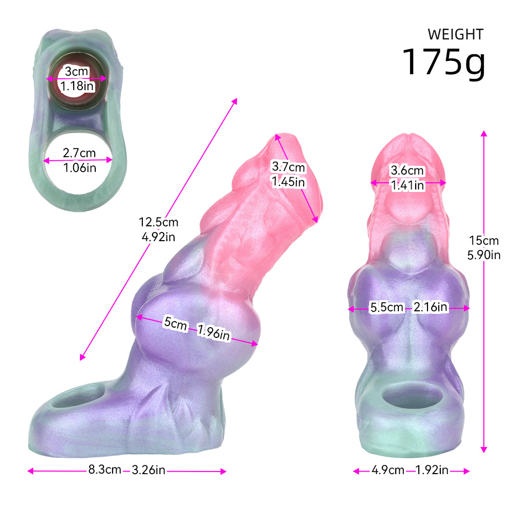 Flesh Shell knotted sleeve extender size chart showing 175g, dimensions and ring opening