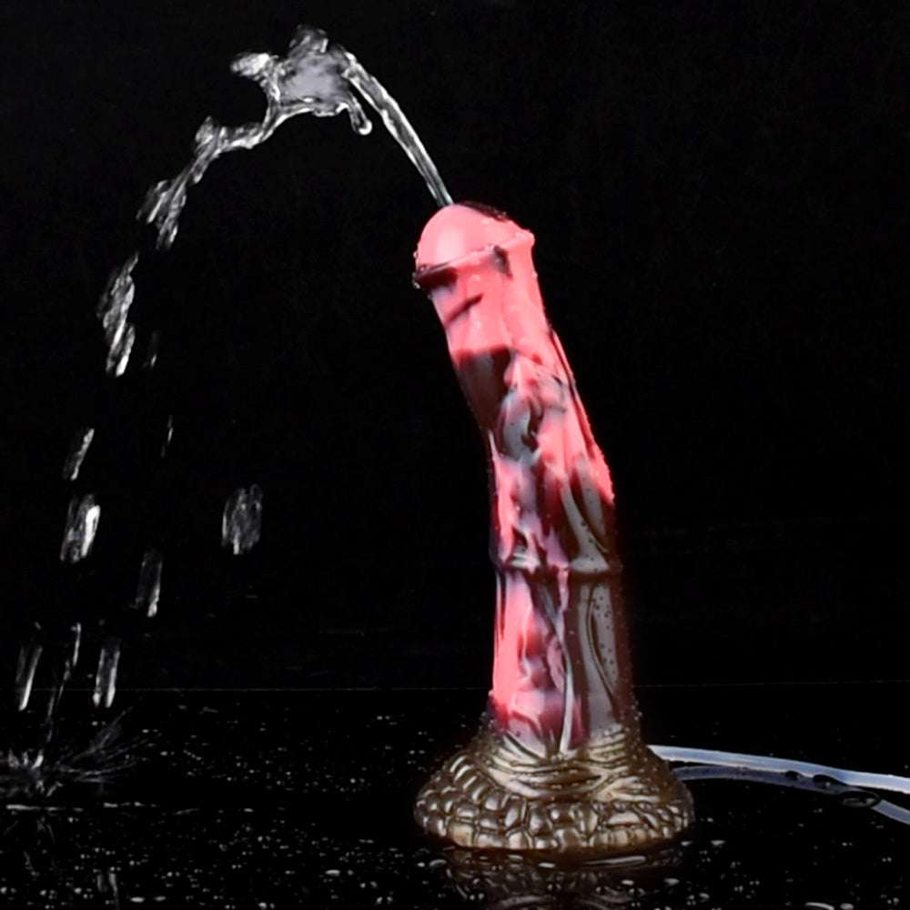 Horse-shaped dildo with textured brown base; marbled pink/dark with water spray