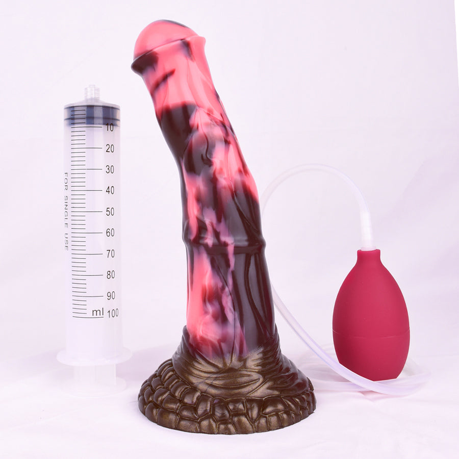 Curved horse-shaped sex toy with pink marbled body and textured brown base