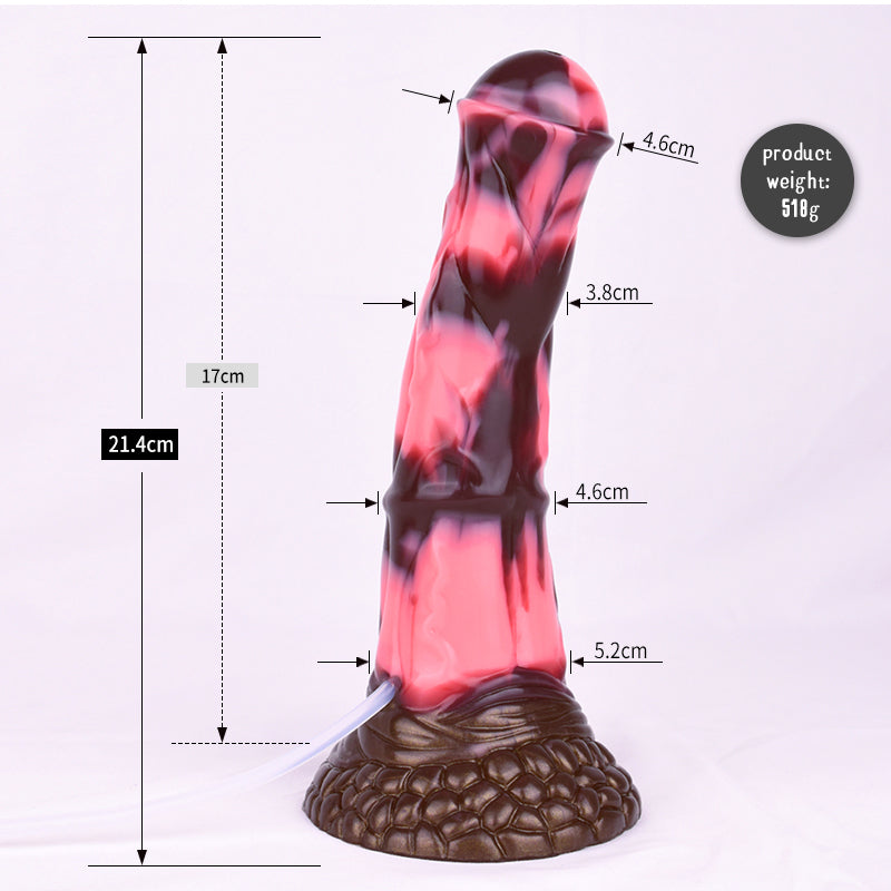 Horse-shaped dildo, marbled pink/dark finish with textured brown base and attached tube