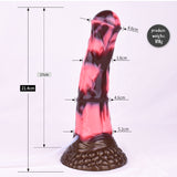 Horse-shaped dildo, marbled pink/dark finish with textured brown base and attached tube