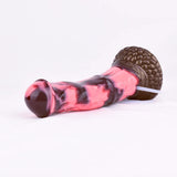 Horizontal view of marbled pink/dark horse-shaped dildo with textured brown base