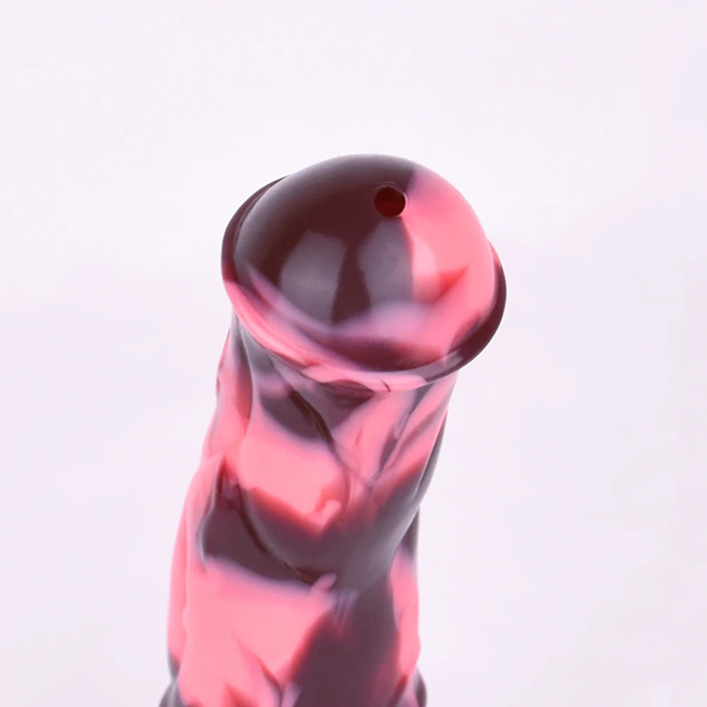 Close-up of marbled pink/dark horse-dildo tip with small opening