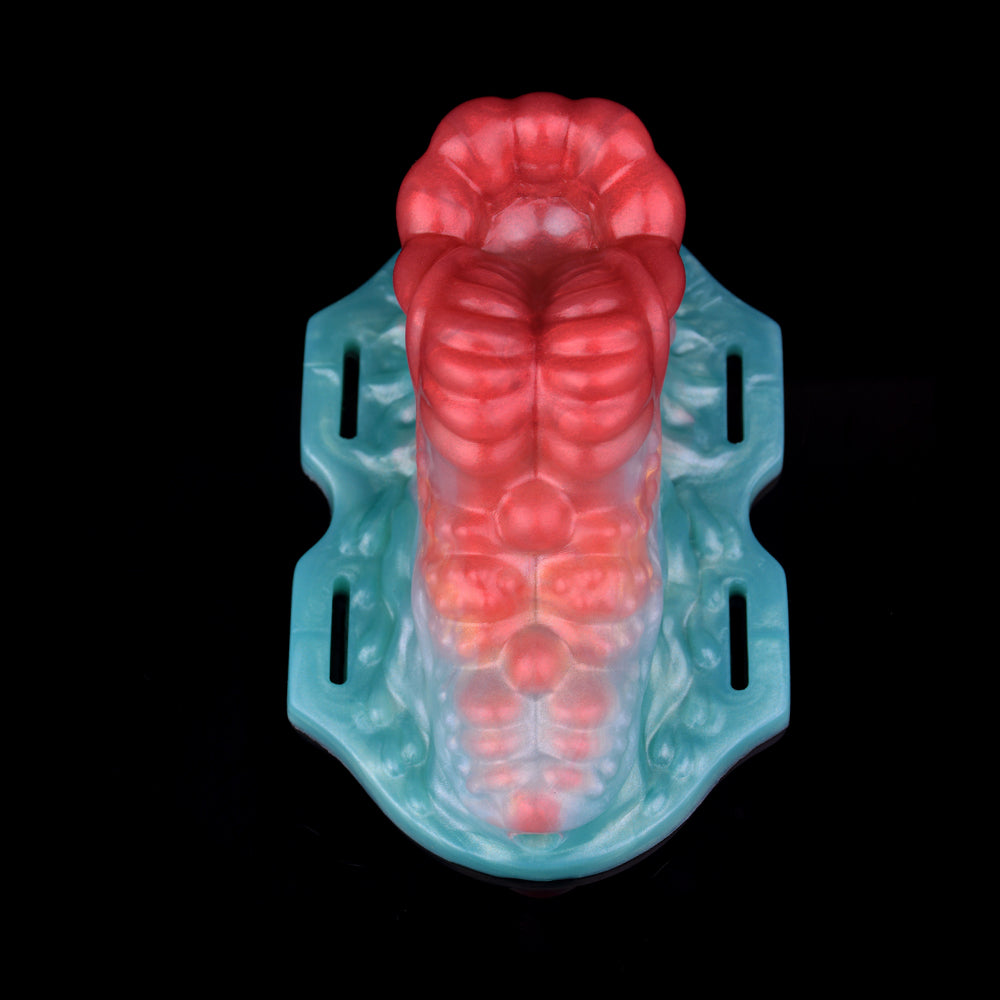 Front view: red octopus-shaped insert in teal base with two side cutouts