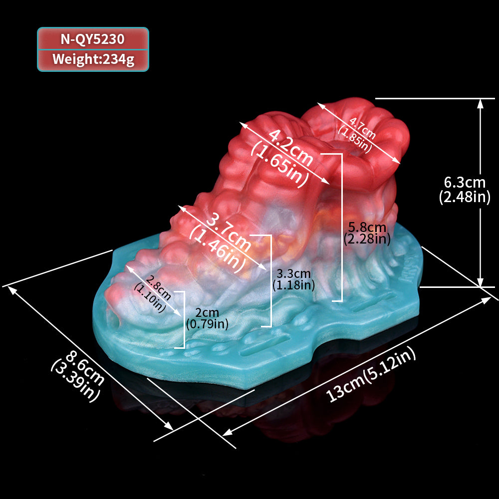 Octopus-shaped insert size diagram with red top and teal base (approx. cm/in)