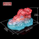 Octopus-shaped insert size diagram with red top and teal base (approx. cm/in)