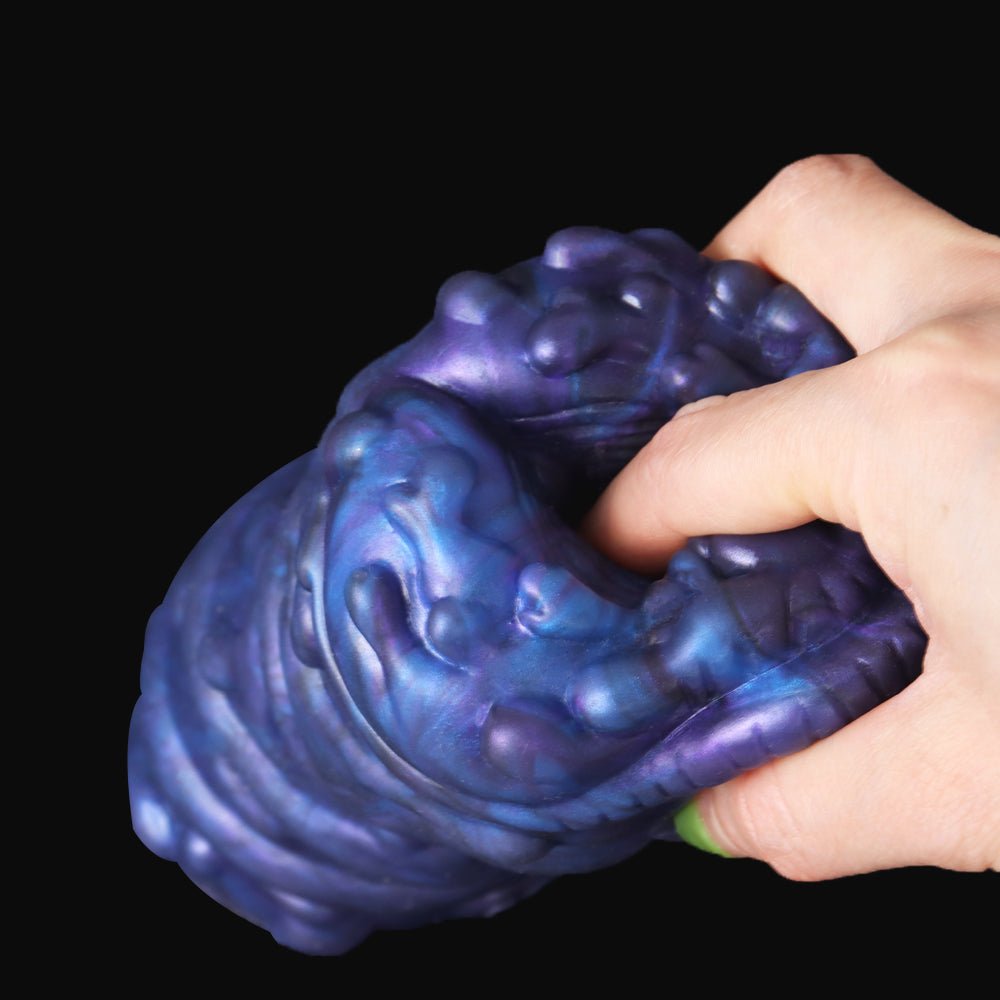 Purple realistic animal-style male masturbator end, grippy ridges and shape