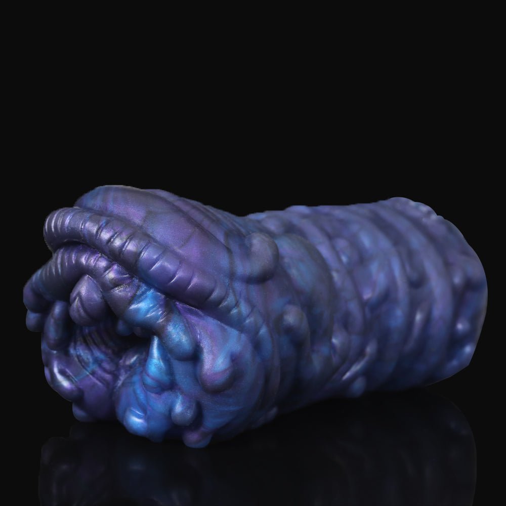 Purple realistic animal-style male masturbator, curved ridged ring