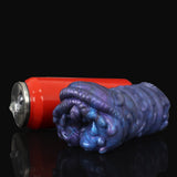 Purple male masturbator sleeve attached to red cylindrical base