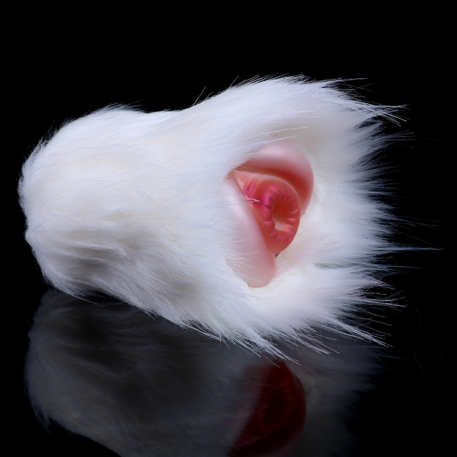 White furry male masturbator, close-up side with pink-red inner opening