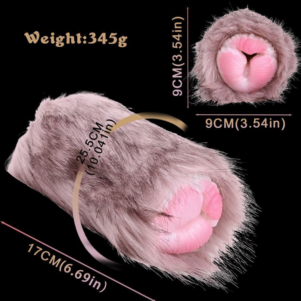 Plush furry masturbator with measurement labels and pink inner nubs