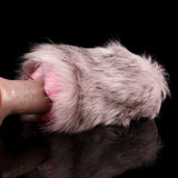Side view of plush furry sleeve masturbator with pink inner nubs