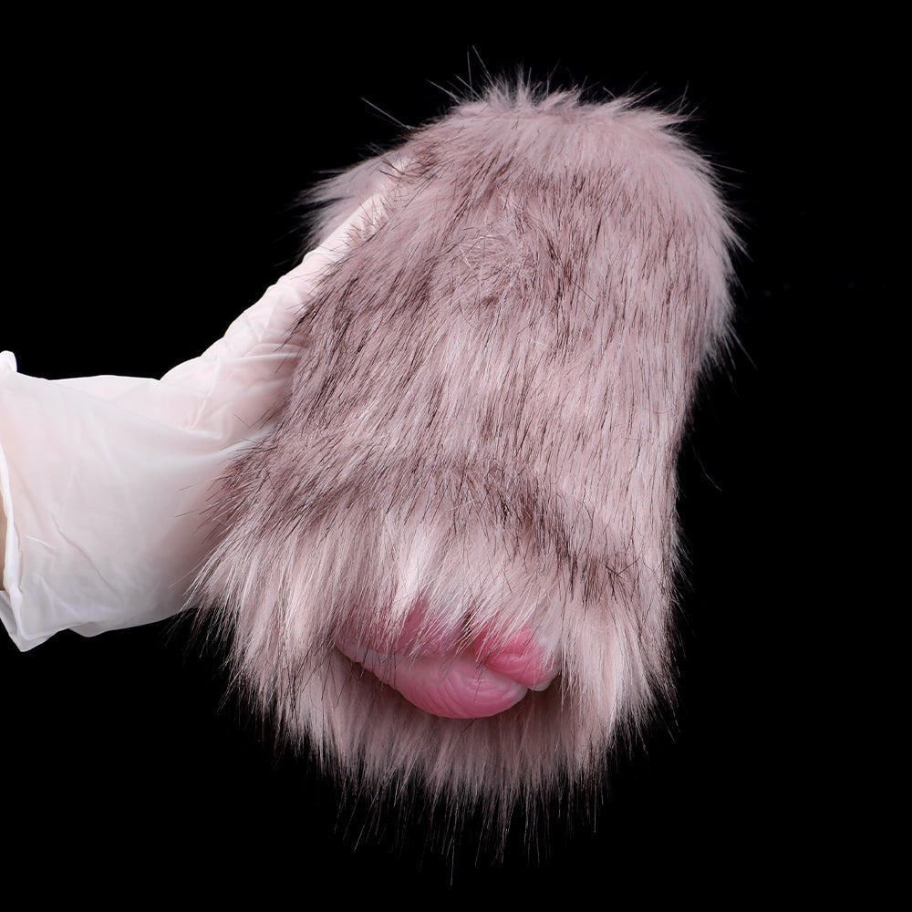 Plush furry sleeve masturbator with pink inner insert, close-up