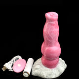 Pink dog-style vibrating toy with charging cable and handheld controller