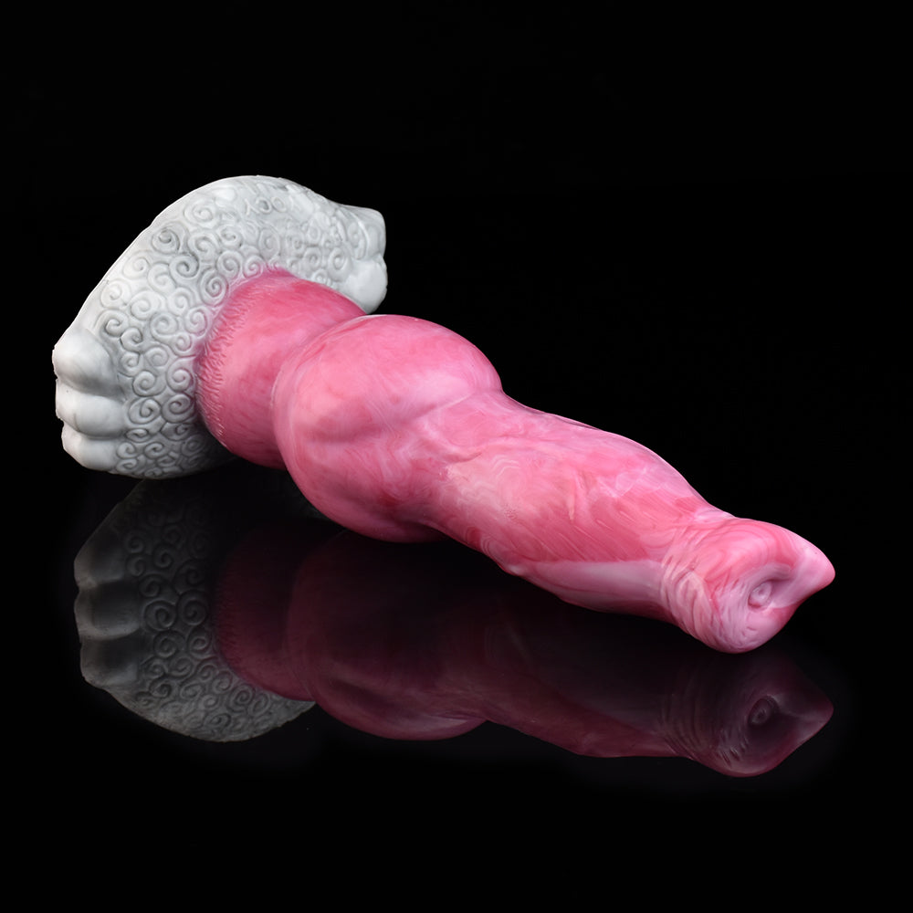 Pink dog-style vibrating toy with textured white muzzle plate and base