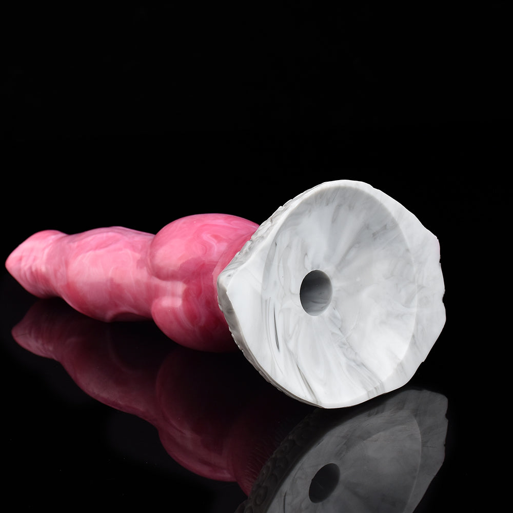 Pink dog-style vibrating toy end with white flared plate and central hole