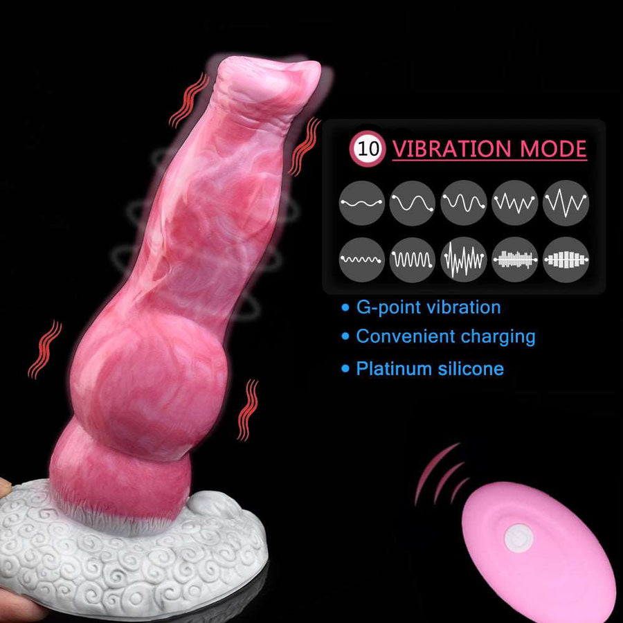 Vibrating dog-shaped silicone vibrator with vibration indicator graphic, pink and white