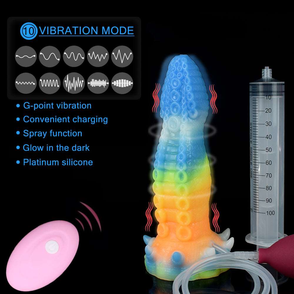 Octopus vibrator with vibration mode icons, blue glow and rainbow base, size tube