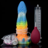 Octopus vibrator size diagram with glowing rainbow toy and wireless remote control