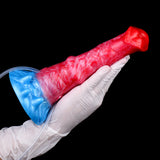 Red inflatable dildo with blue pump cone attached; gloved hands holding the toy