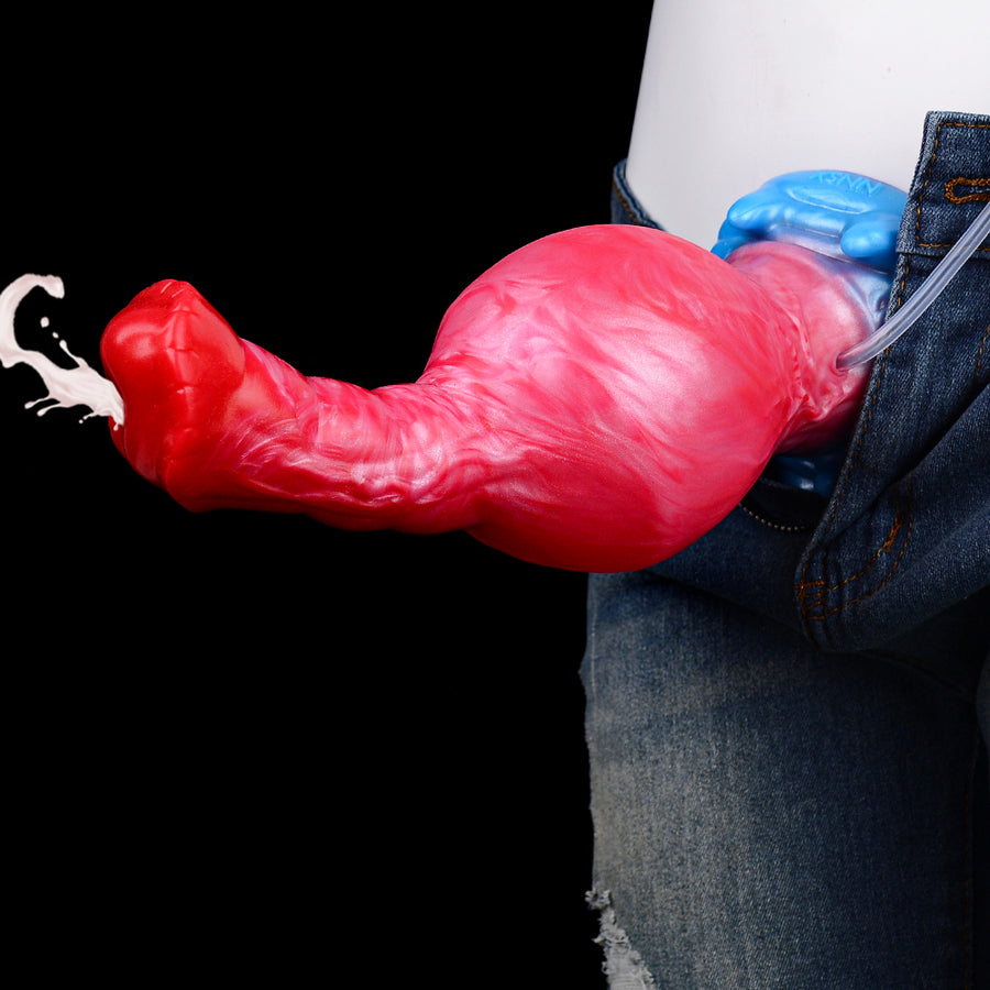 Inflatable red sex toy with blue pump base and clear hose visible beside jeans