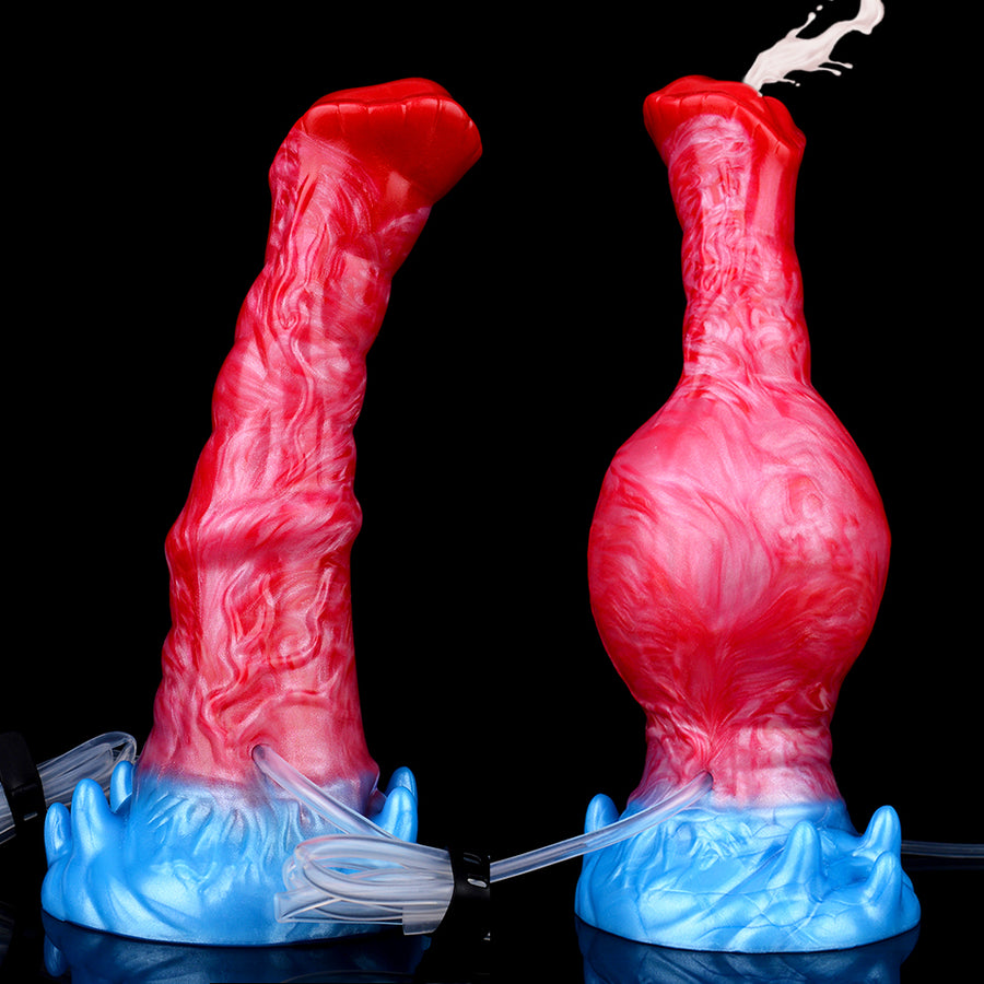 Inflatable red sex toy with blue base and pump controls, shown upright