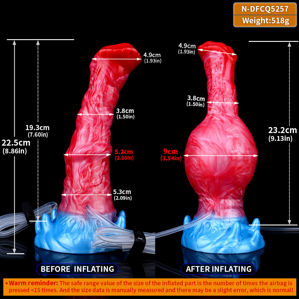 Inflatable dildo size diagram with before/after inflating measurements