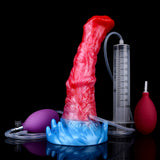 Red inflatable dildo next to a measuring cylinder; blue base and hose shown