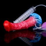 Red inflatable dildo inflating with clear hose; blue pump and measurement marks
