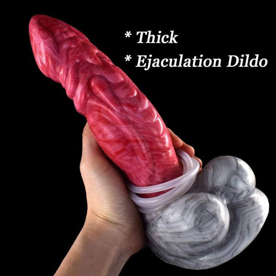 Hand-held red curved dragon ejaculation dildo with light-gray base and ring