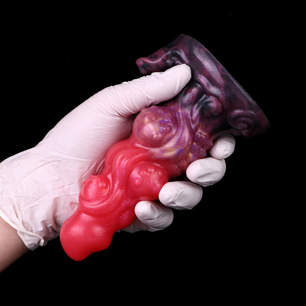 Alien butt plug with suction bulb, glossy red and purple fantasy design