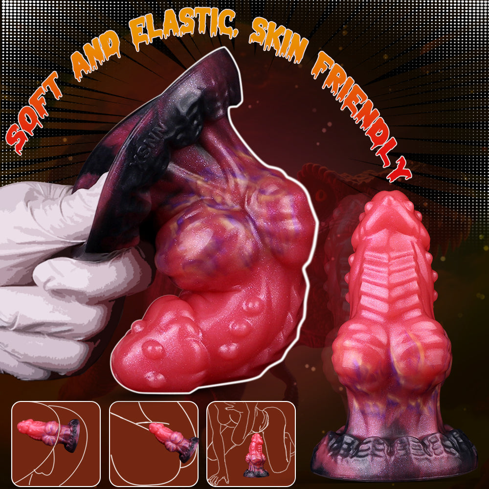 Anal toy wolf butt plug with dark flared base and pink ribbed shaft, front view
