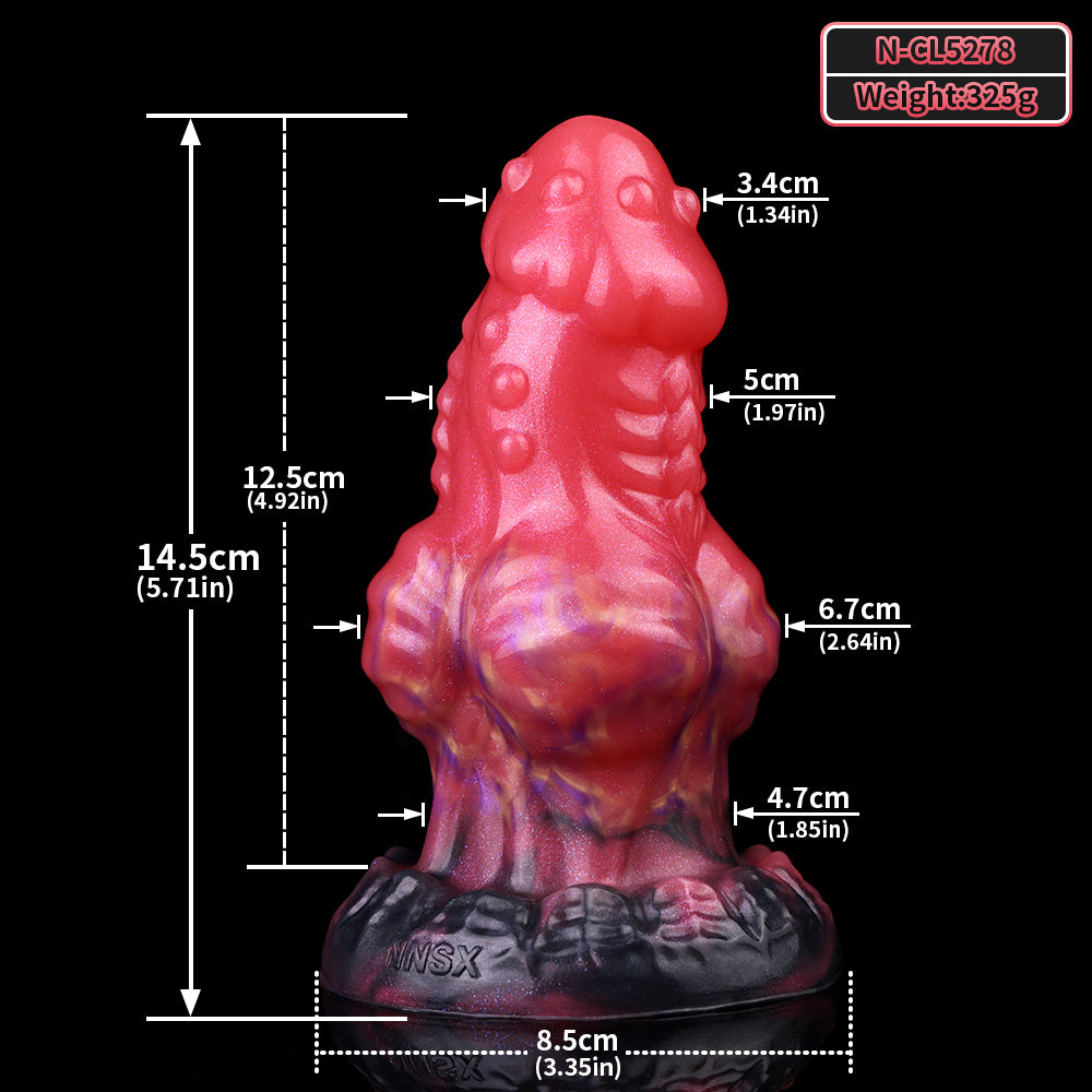 Size diagram of wolf butt plug: glossy red-pink design with textured base